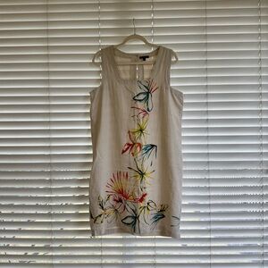 For Cynthia Large Sleeveless White Floral Linen Blend Shift Dress